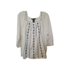 Preswick & Moore Women's White 3/4 sleeves Boho Blouse W/Blk Embroidery XL NWT